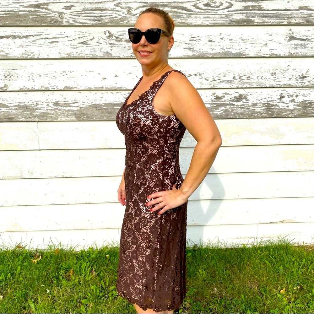 Sparkle JS Boutique Brown and Pink Lace Overlay Cocktail Dress Beaded sz 14